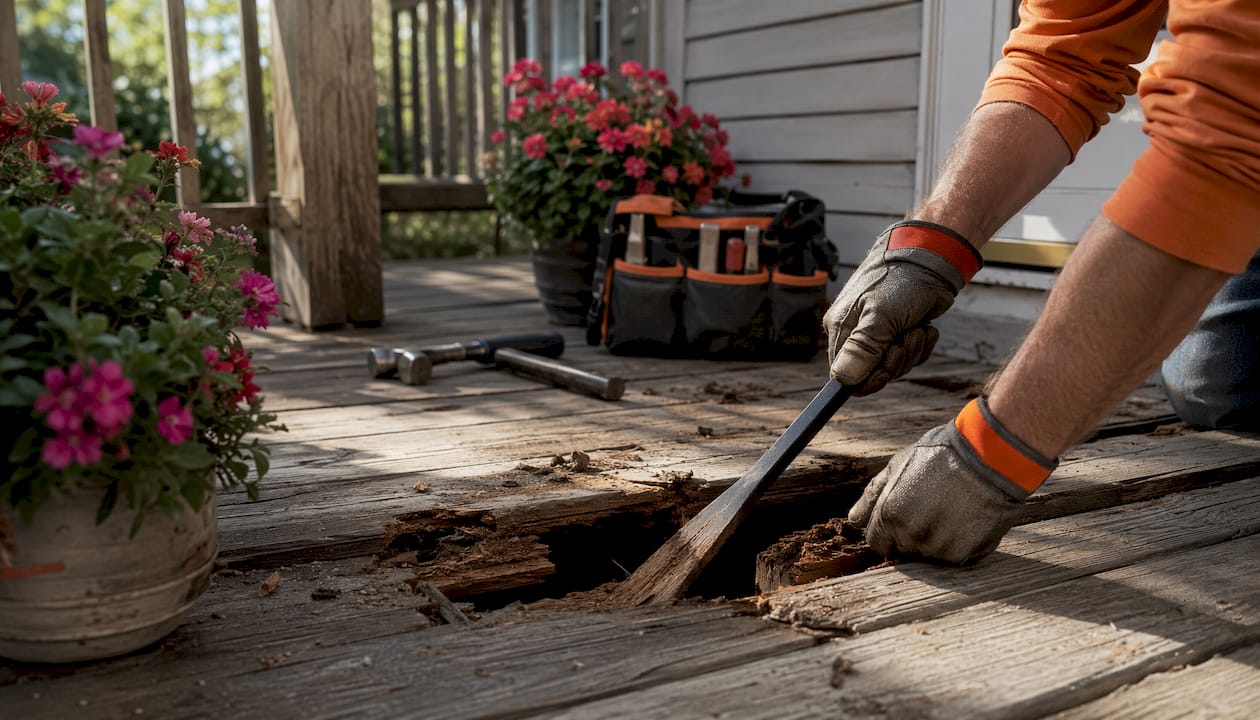 Hands prying damaged deck board outdoors