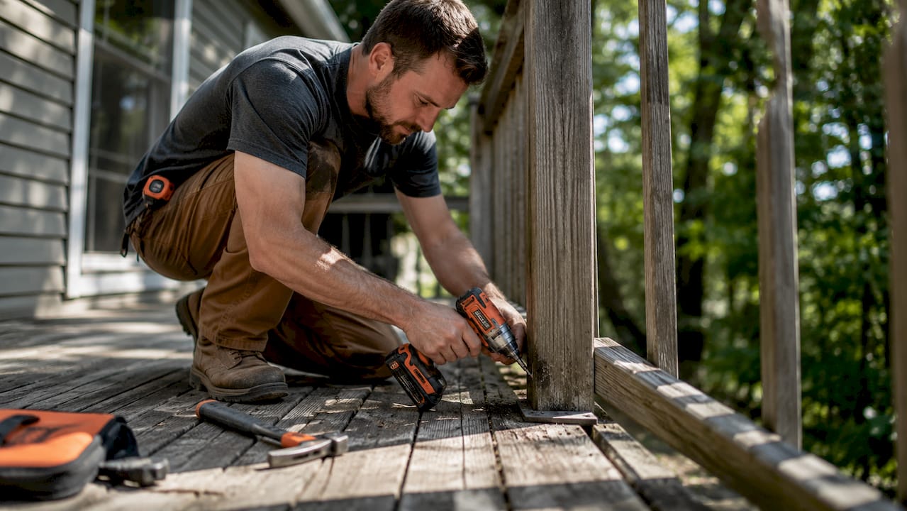 Worker tightening deck railing post screws outdoors