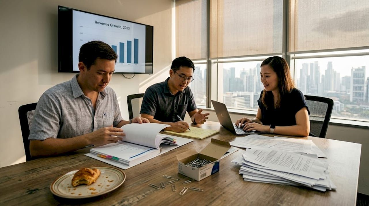 Team reviewing documents and revenue chart in office