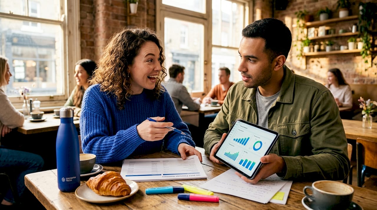 Co-founders discuss financial report in coworking space