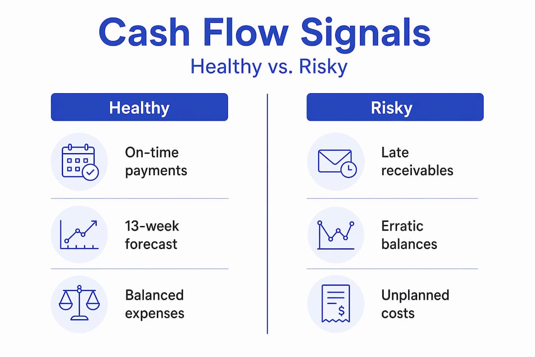 Infographic comparing healthy and risky cash flow signals