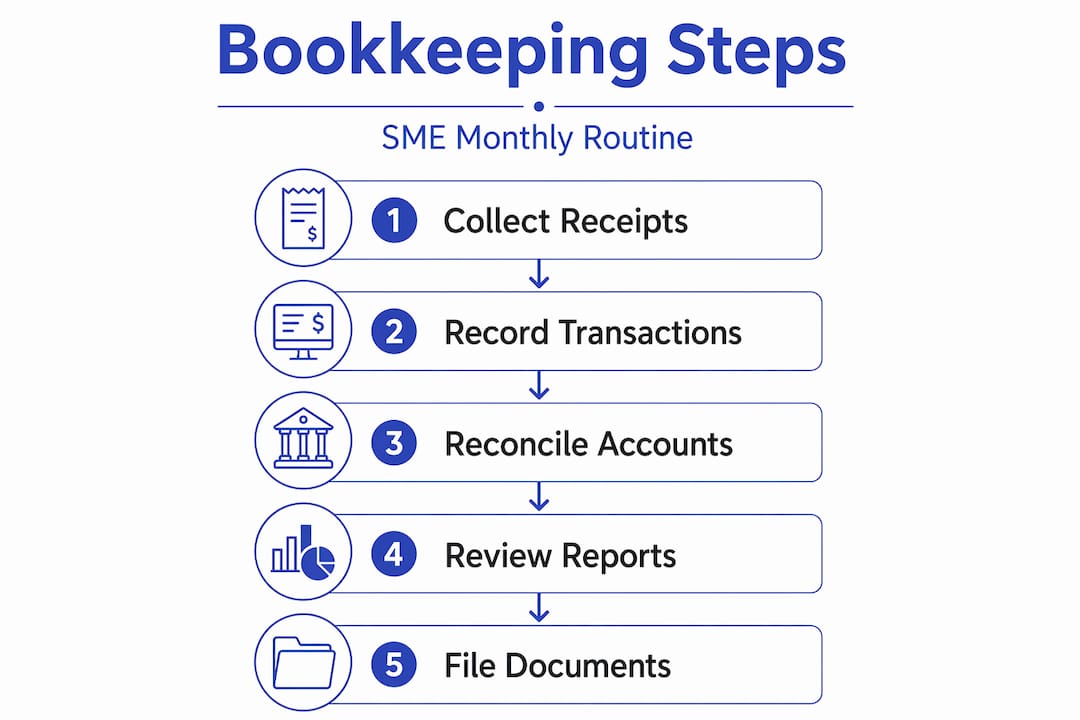 Infographic showing key bookkeeping workflow steps