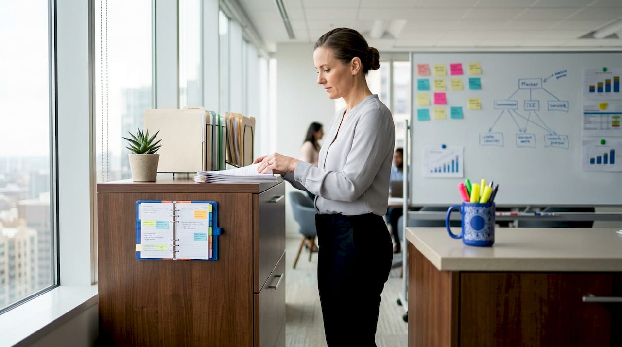 Administrator organizing compliance financial records