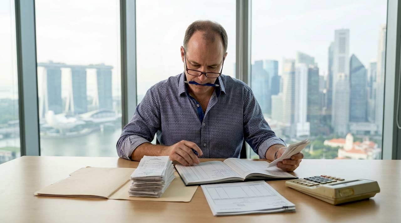 Man verifying receipts for compliance at conference table