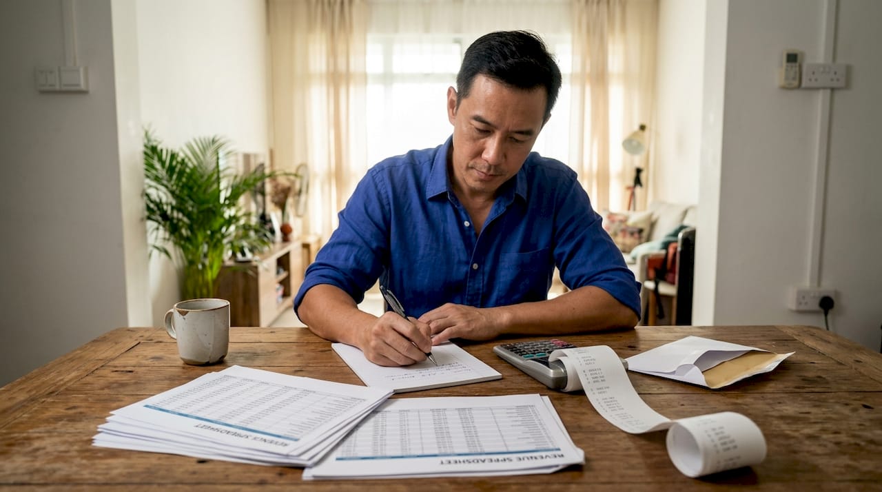 Singapore accountant calculating revenue thresholds at home
