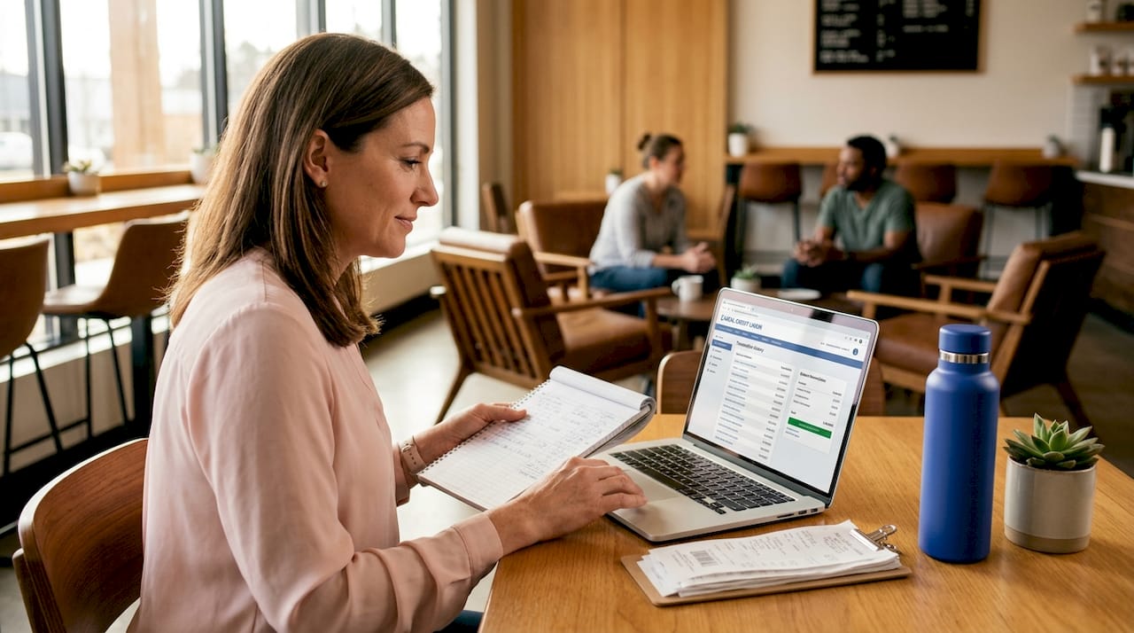 Businesswoman using computer with receipts and ledger