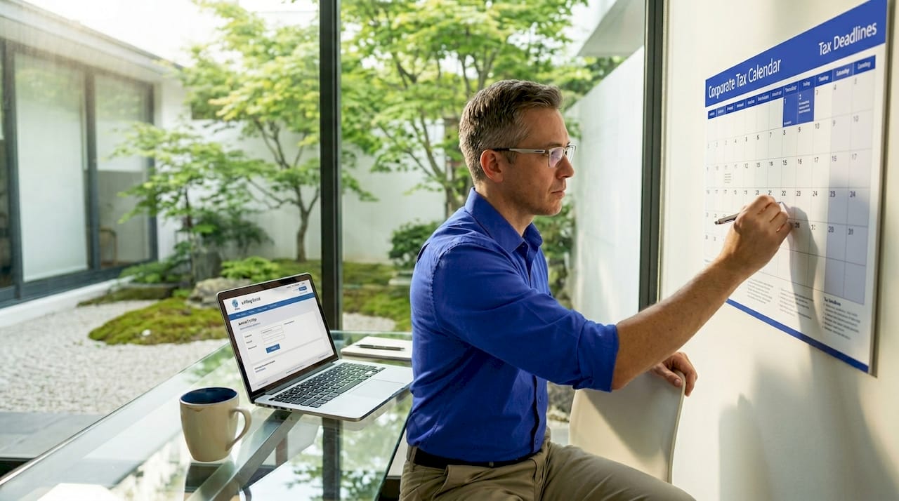 Office worker marking corporate tax deadlines on calendar