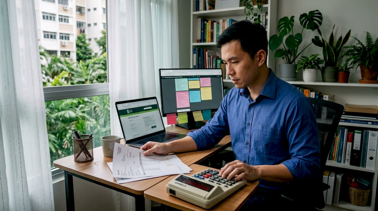 Accountant reviews payroll sheet at realistic Singapore office