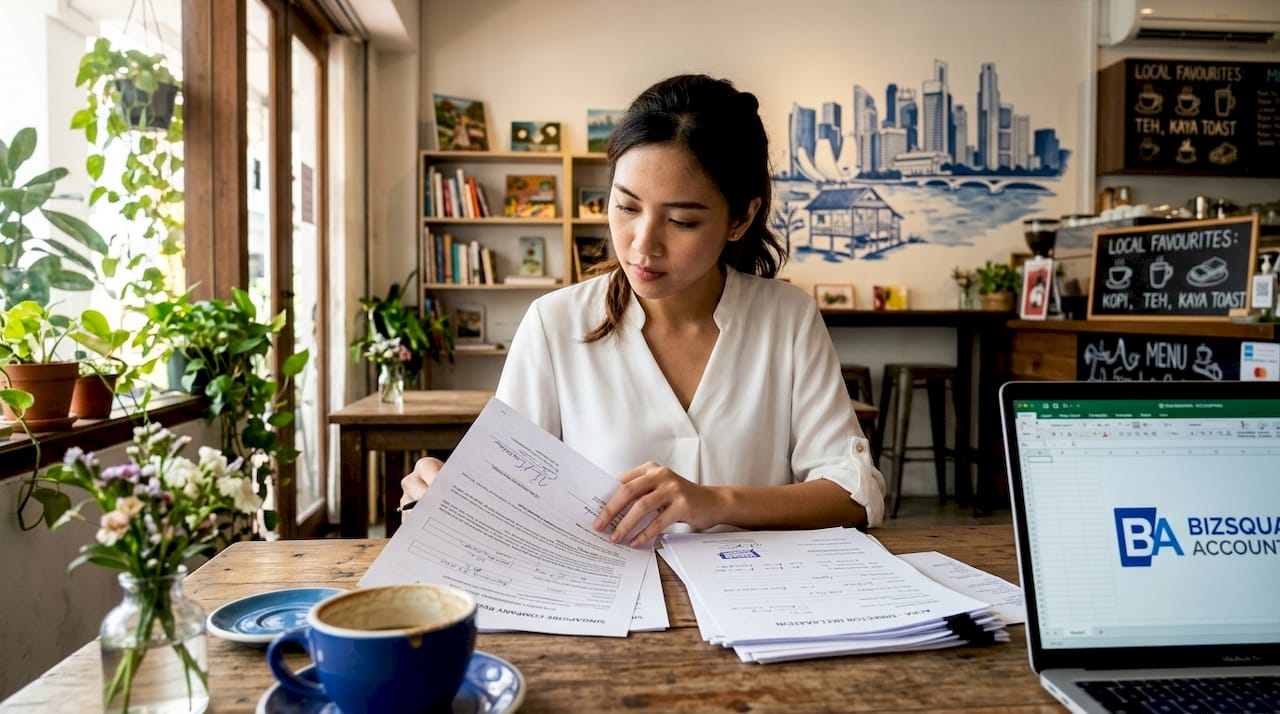 Businesswoman reviewing company documents in office