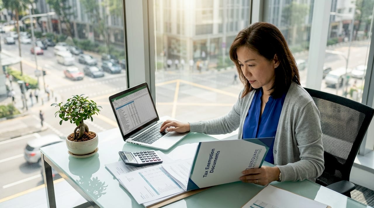 Businesswoman reviewing tax exemption papers