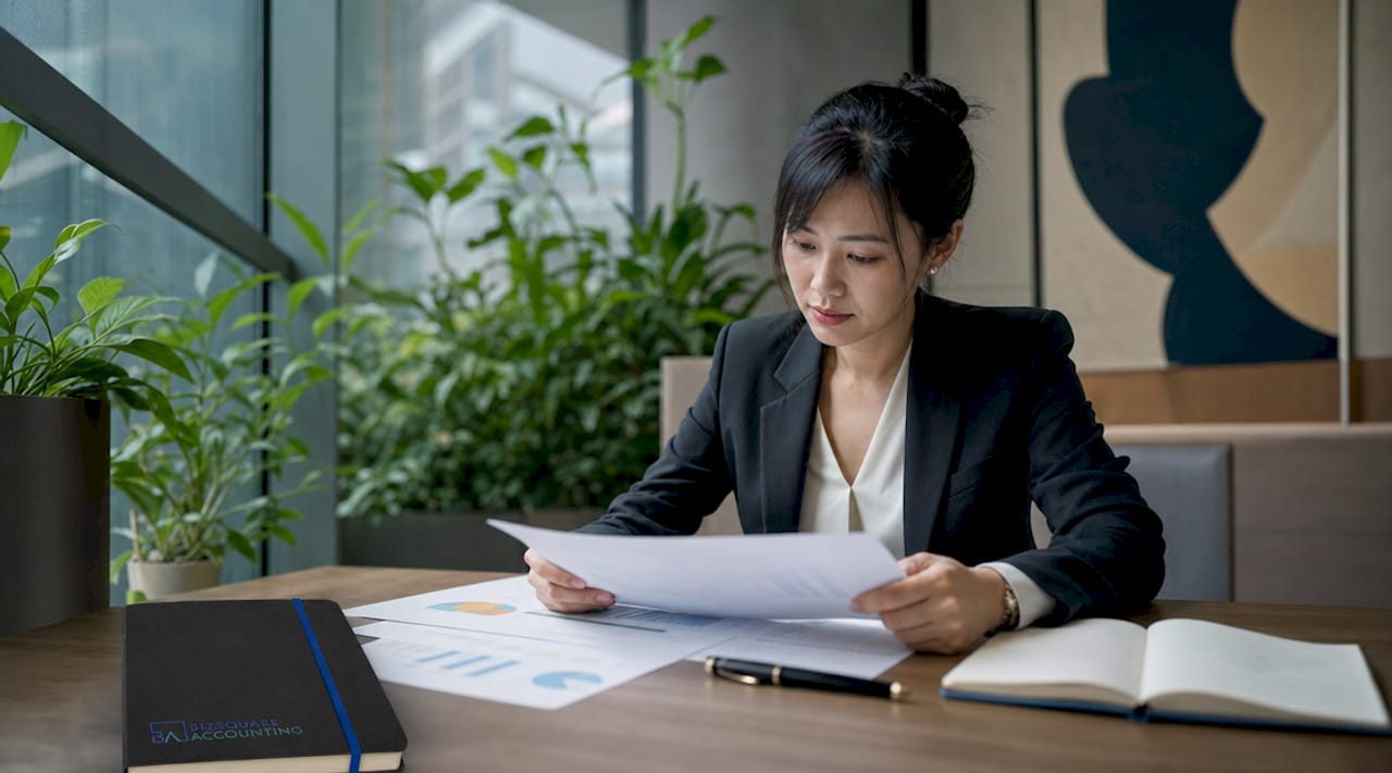 Businesswoman reviewing budget documents in office