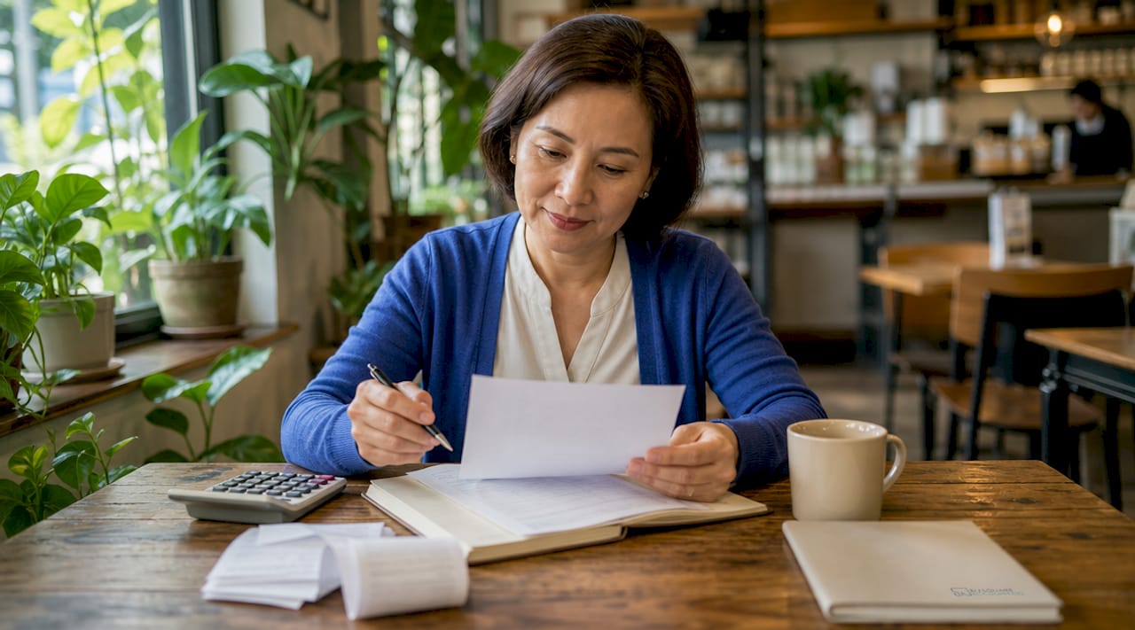 Small business owner reviewing rent invoice