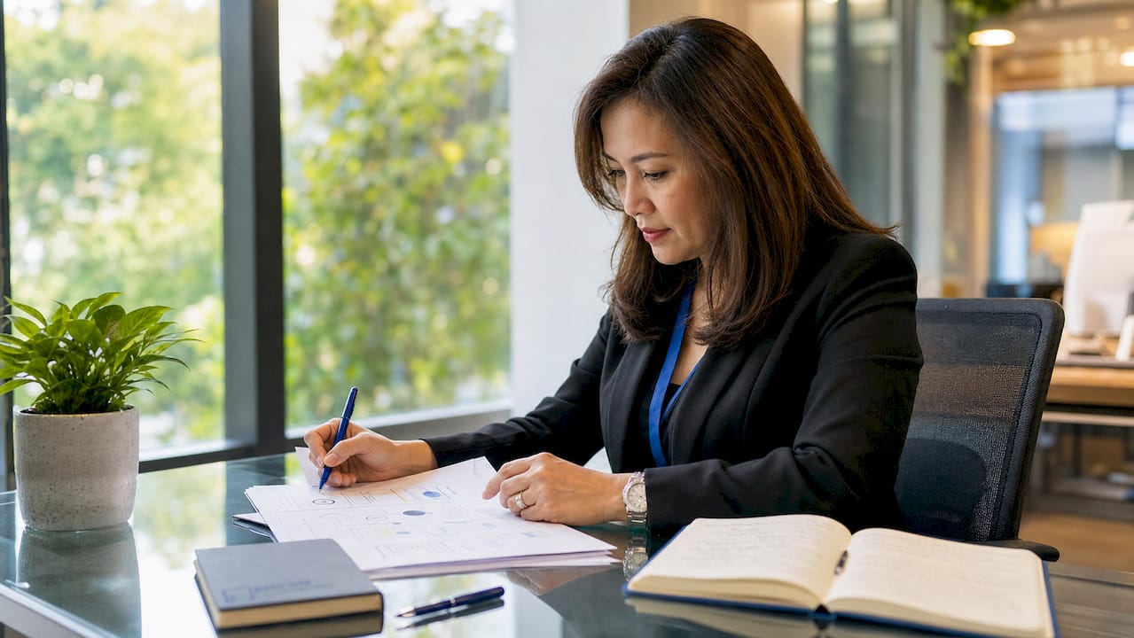 Businesswoman reviewing regulatory documents