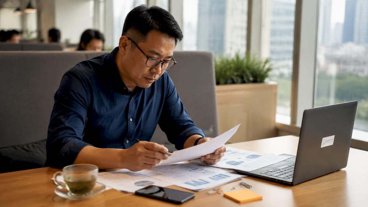 Business owner reviewing expenses at desk