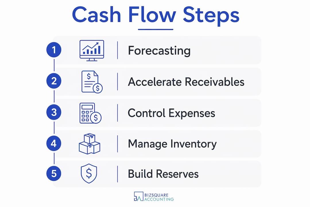 Infographic illustrating 5 cash flow improvement steps