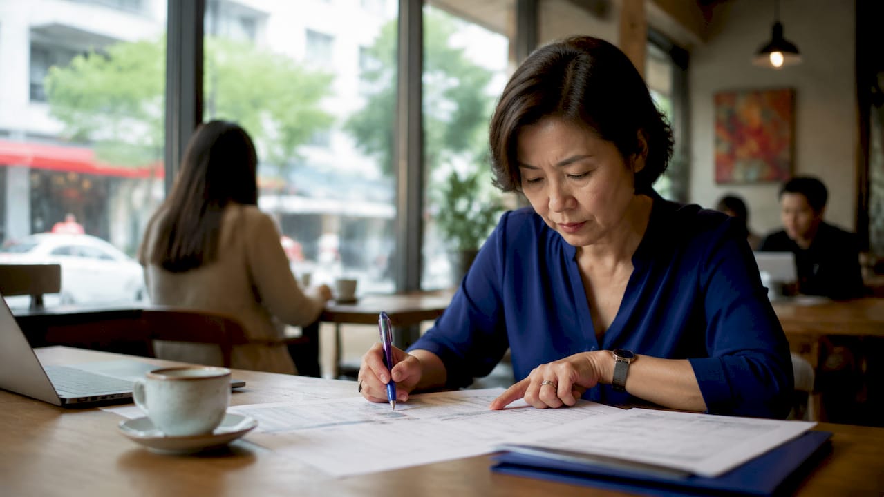 Businesswoman reviewing profit and loss statement in office