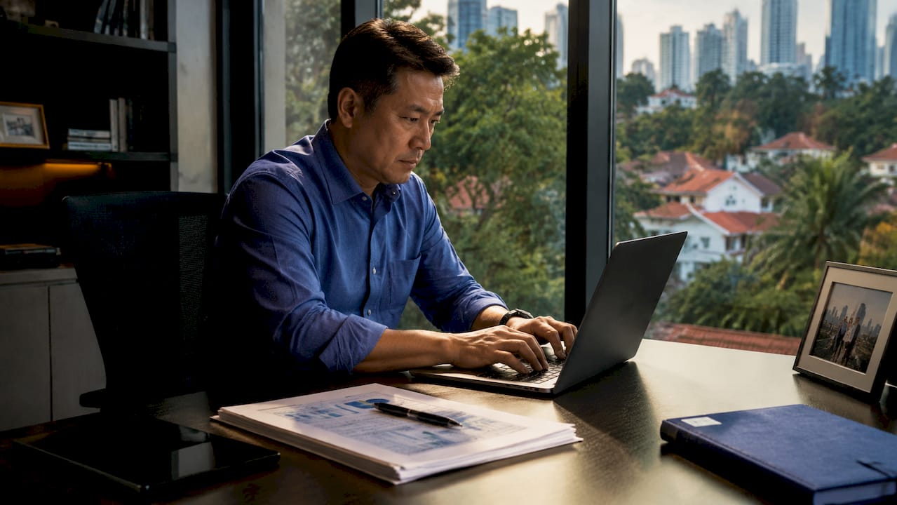 Businessman using laptop for bookkeeping