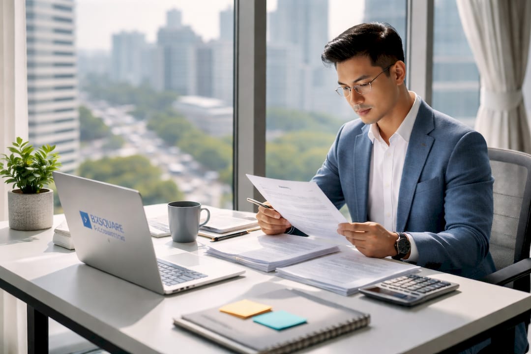 Accountant reviewing tax documents at desk