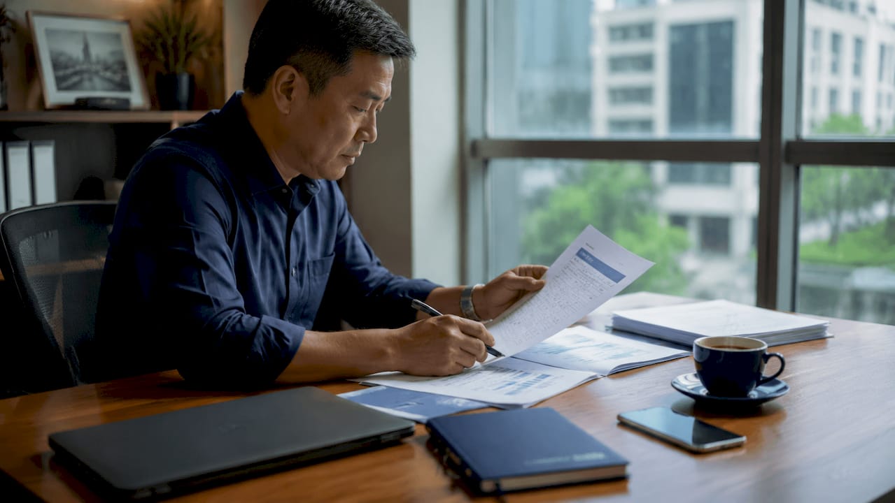 Businessman reviewing Indonesia licensing documents at desk