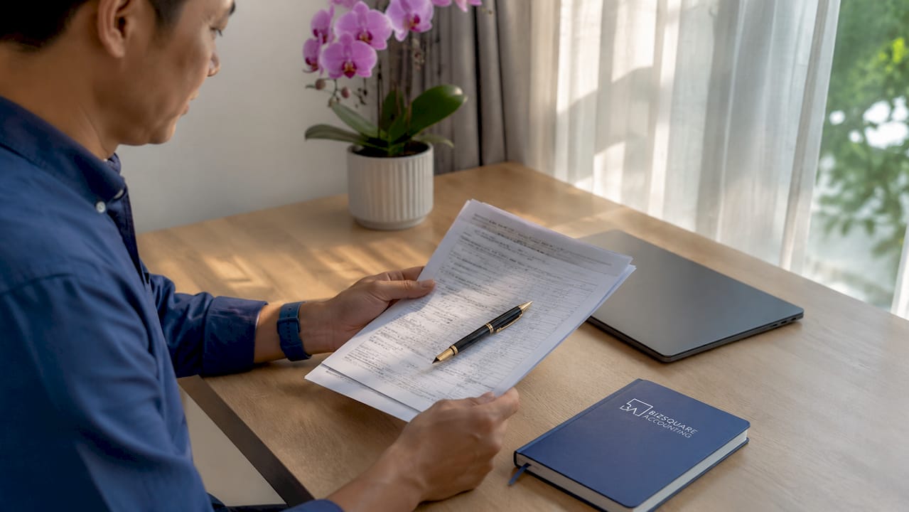 Hands reviewing Singapore tax compliance documents