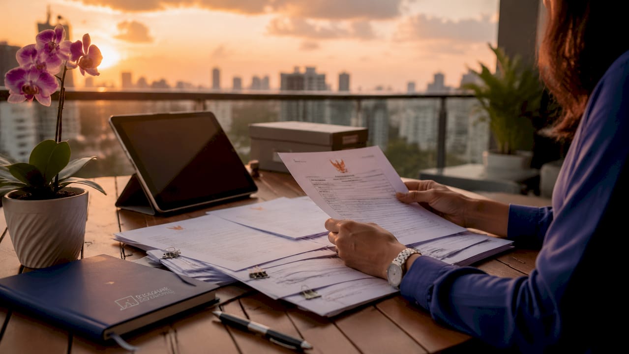 Hands sorting Singapore business documents on desk