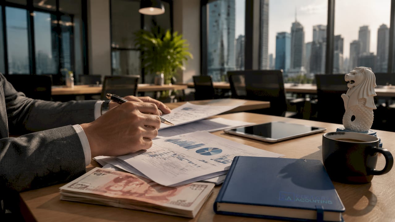 Hands reviewing business documents on Singapore office desk