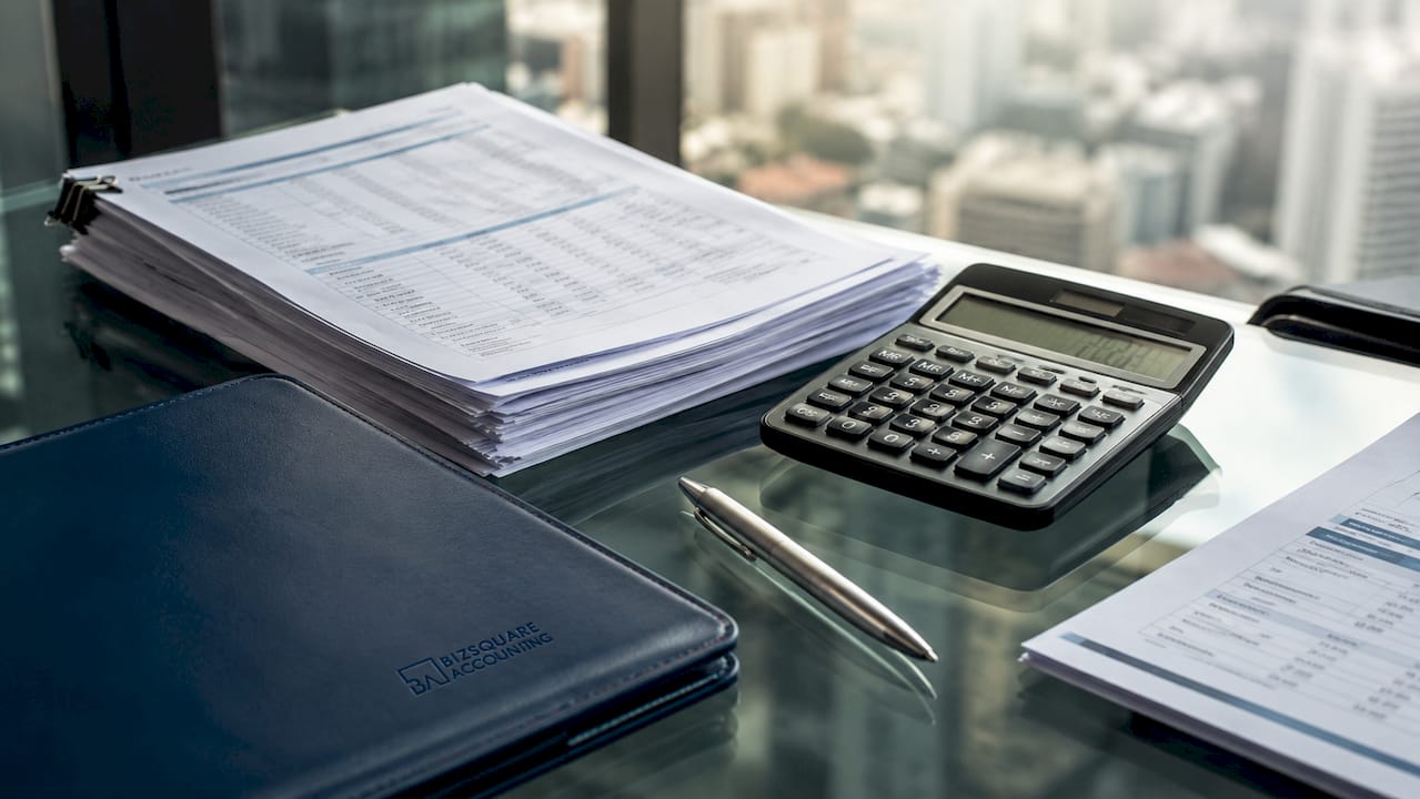 Stack of financial reports on Singapore office desk