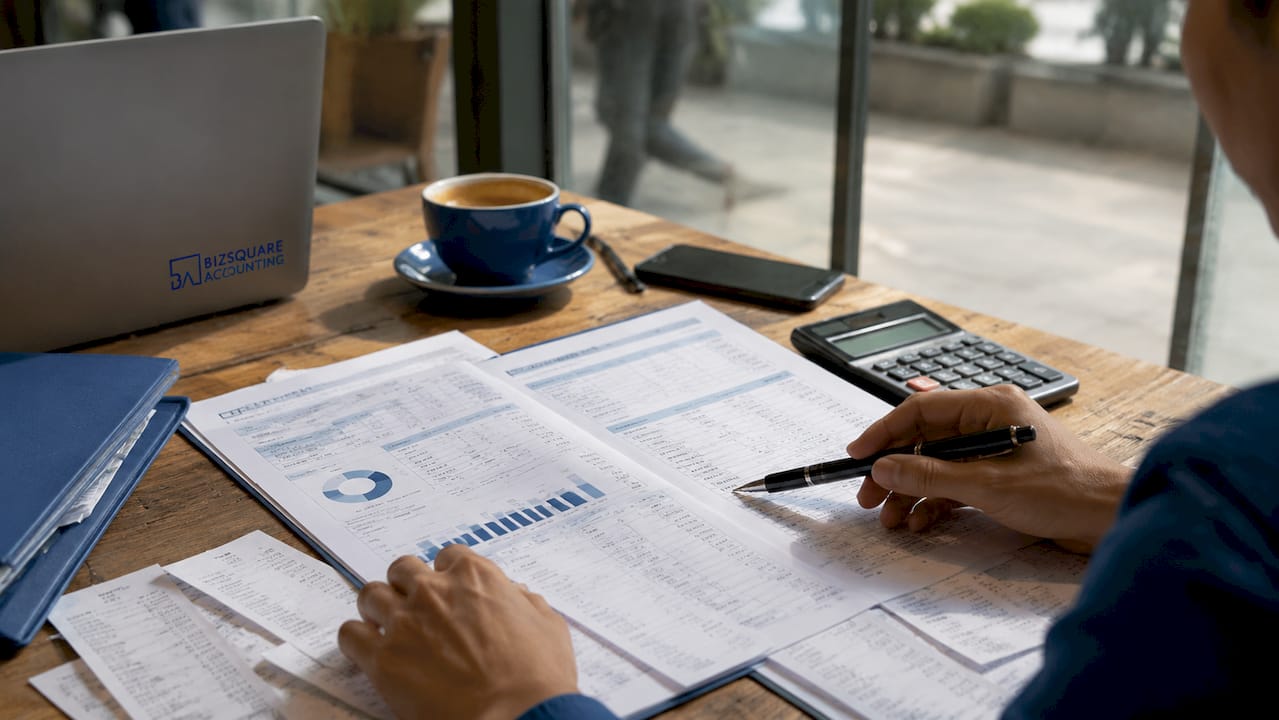 Singaporean office desk with cash flow documents and tools
