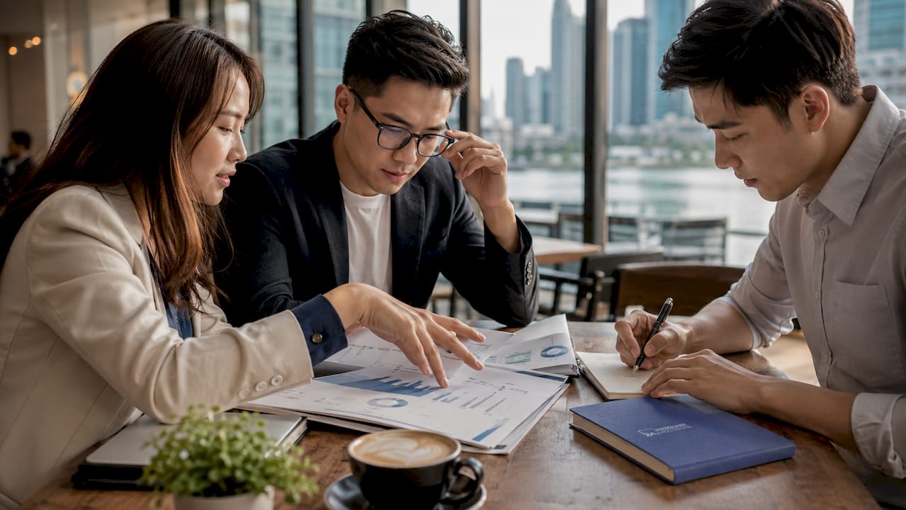 Hands sorting Singapore tax documents on office desk