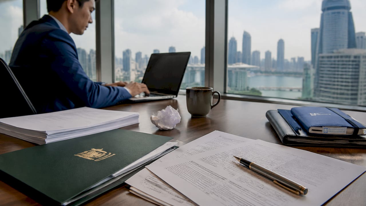 Singapore business incorporation documents on desk