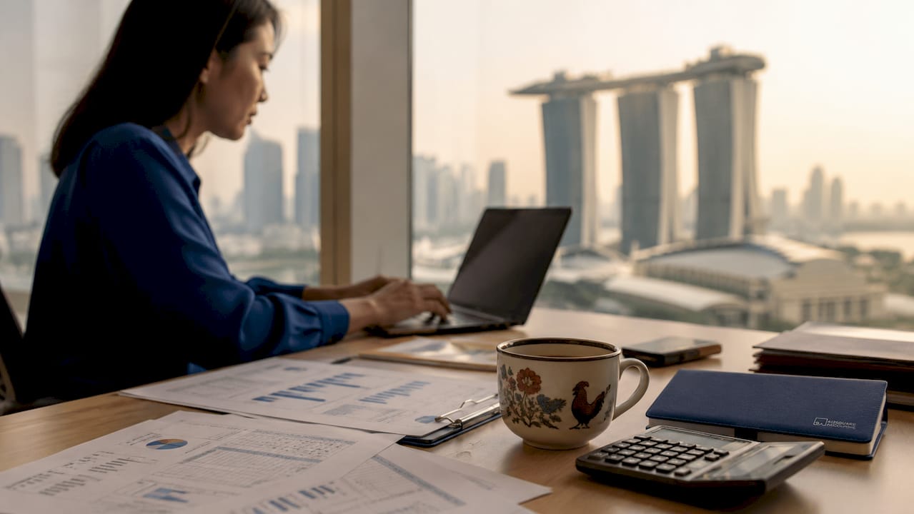 Desk with Singapore business accounting documents and calculator