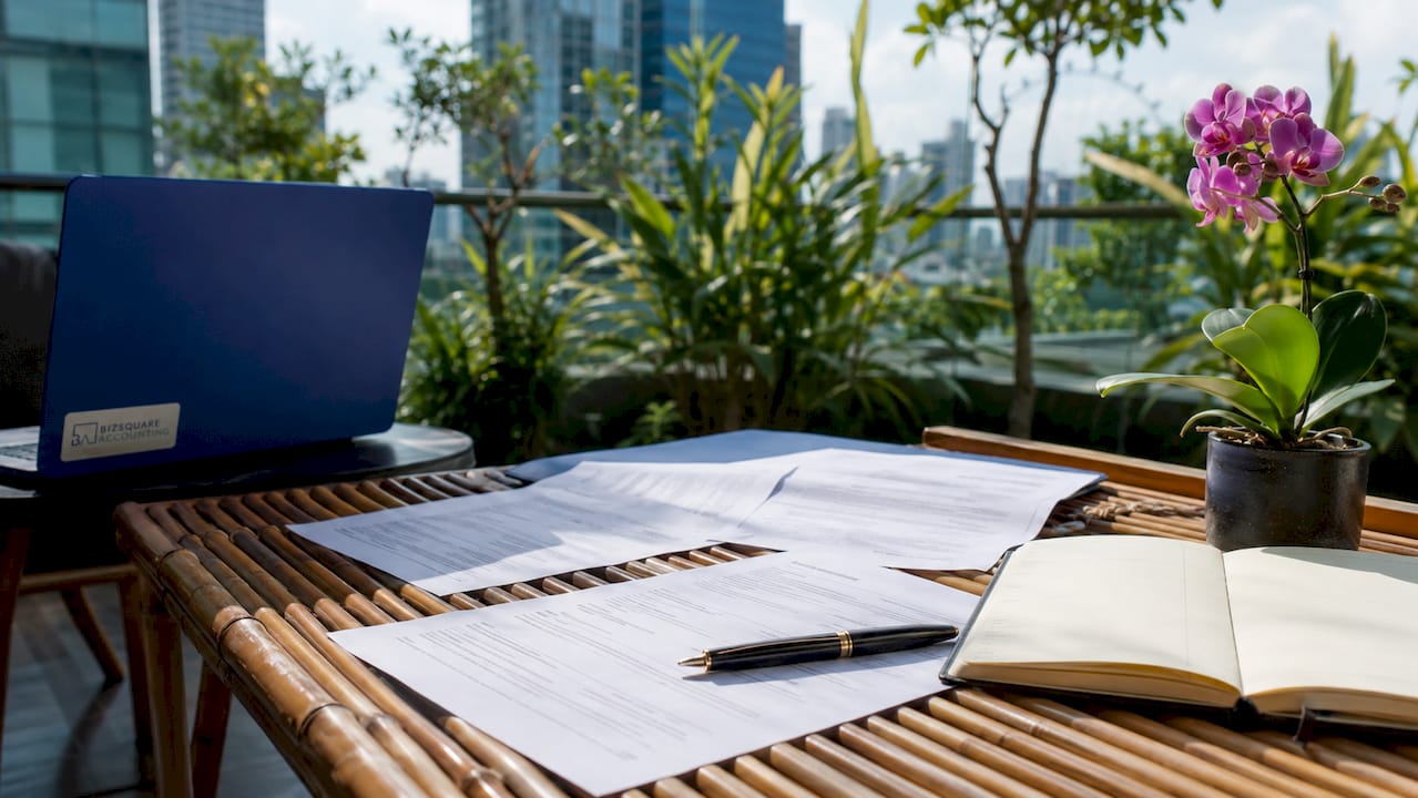 Contract documents on a desk with Singapore flag pin