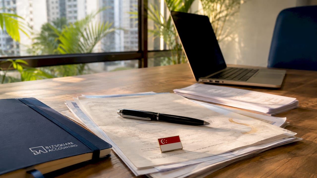 Business paperwork and laptop on Singapore desk