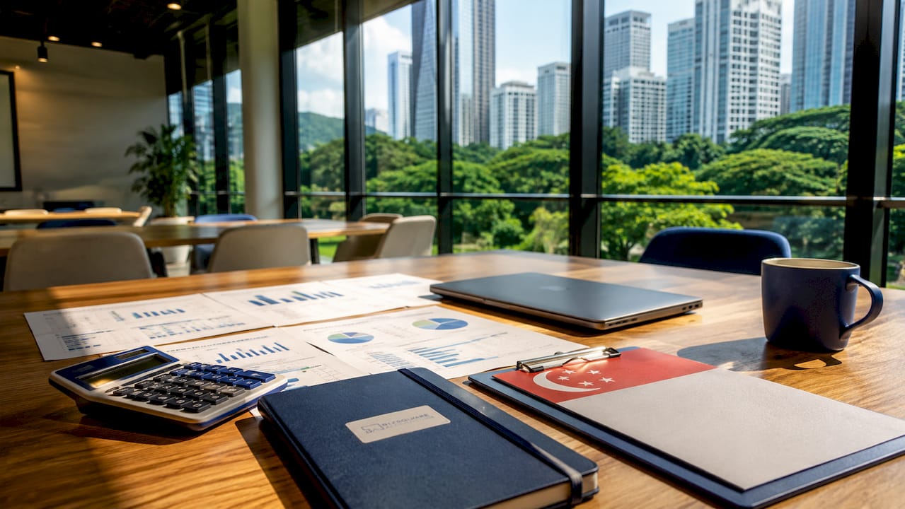Singapore office desk with financial documents and calculator