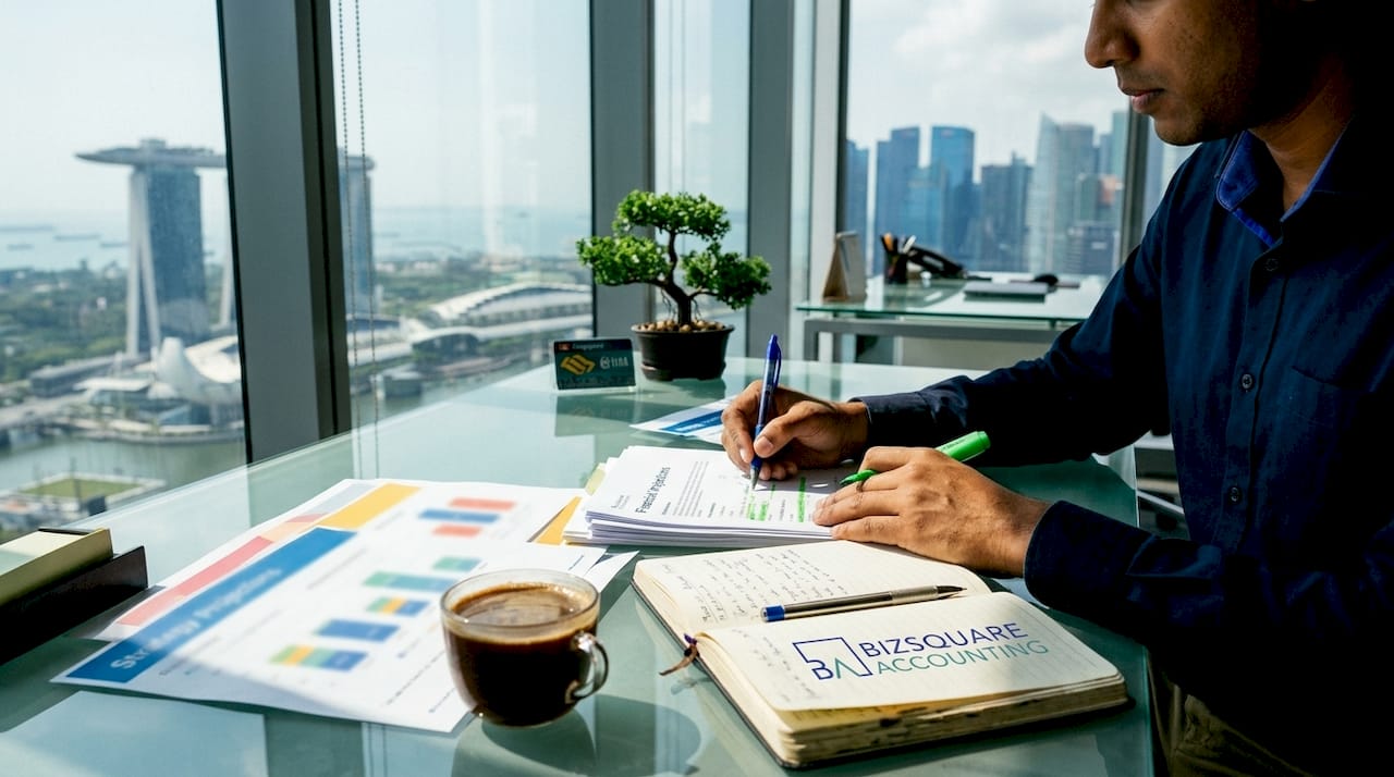 Hands reviewing business documents in Singapore office