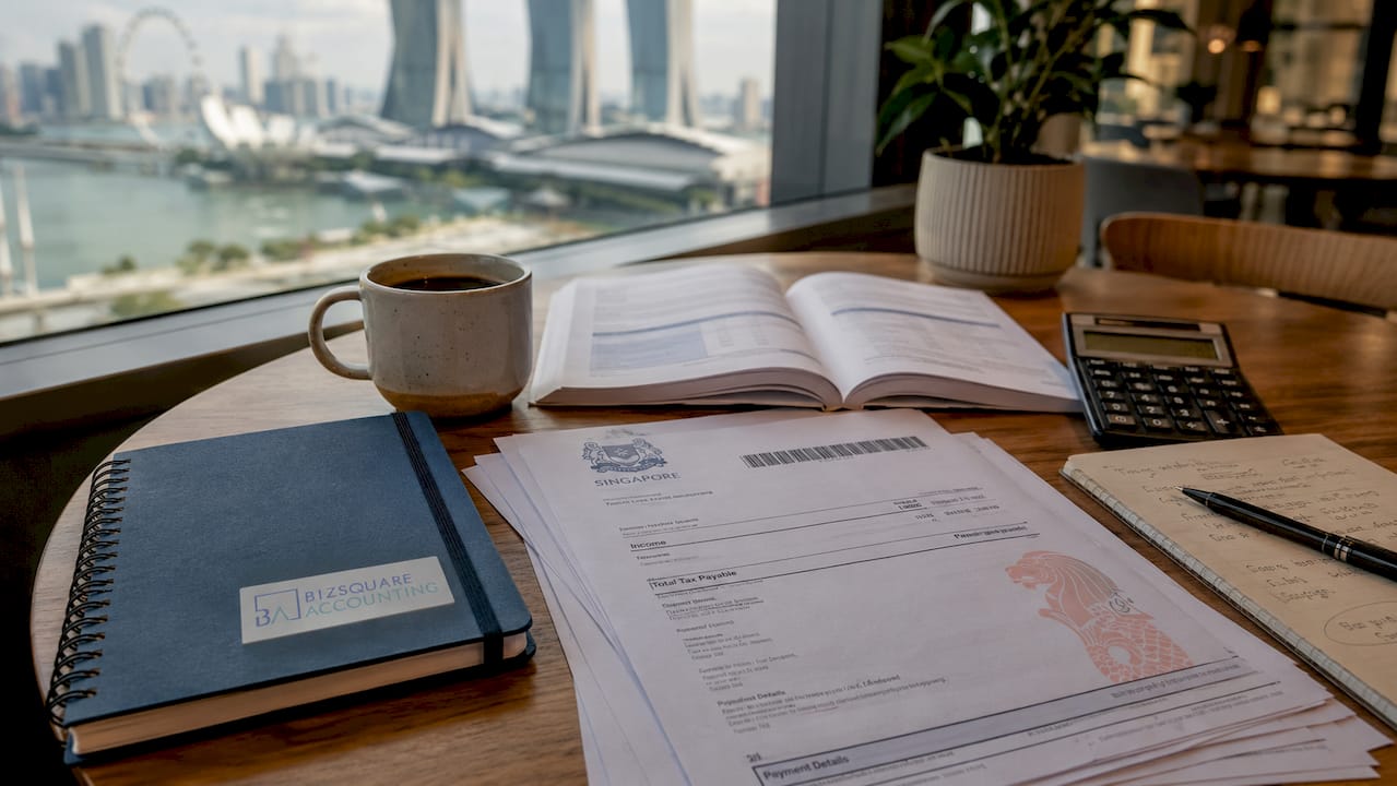 Singapore tax documents on office desk