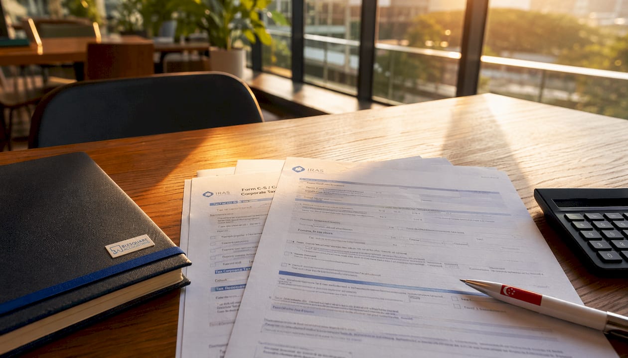 Tax forms and calculator on desk in Singapore office