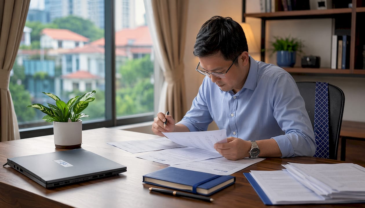 Hands reviewing Singapore tax documents at an office desk