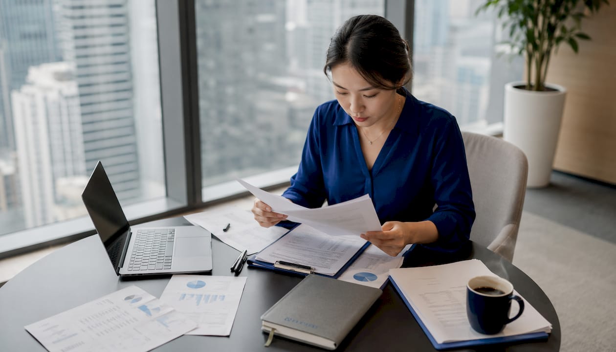 Singaporean accountant reviewing audit documents
