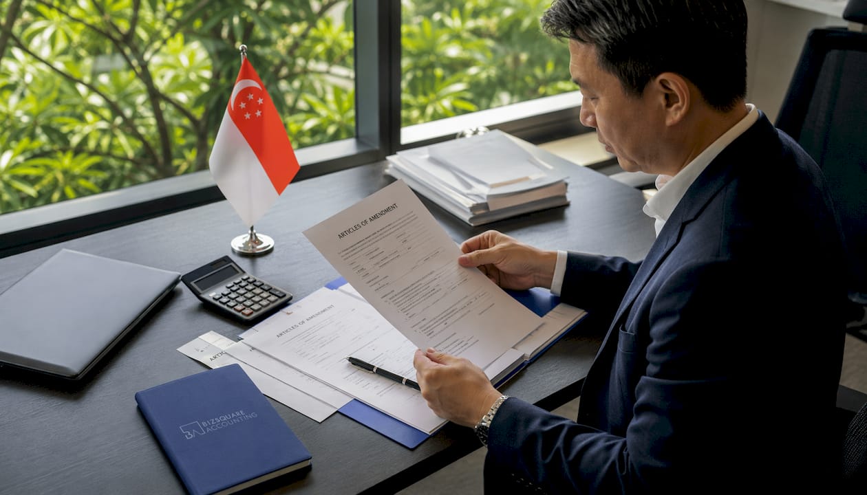 Hands reviewing company legal documents in Singapore office
