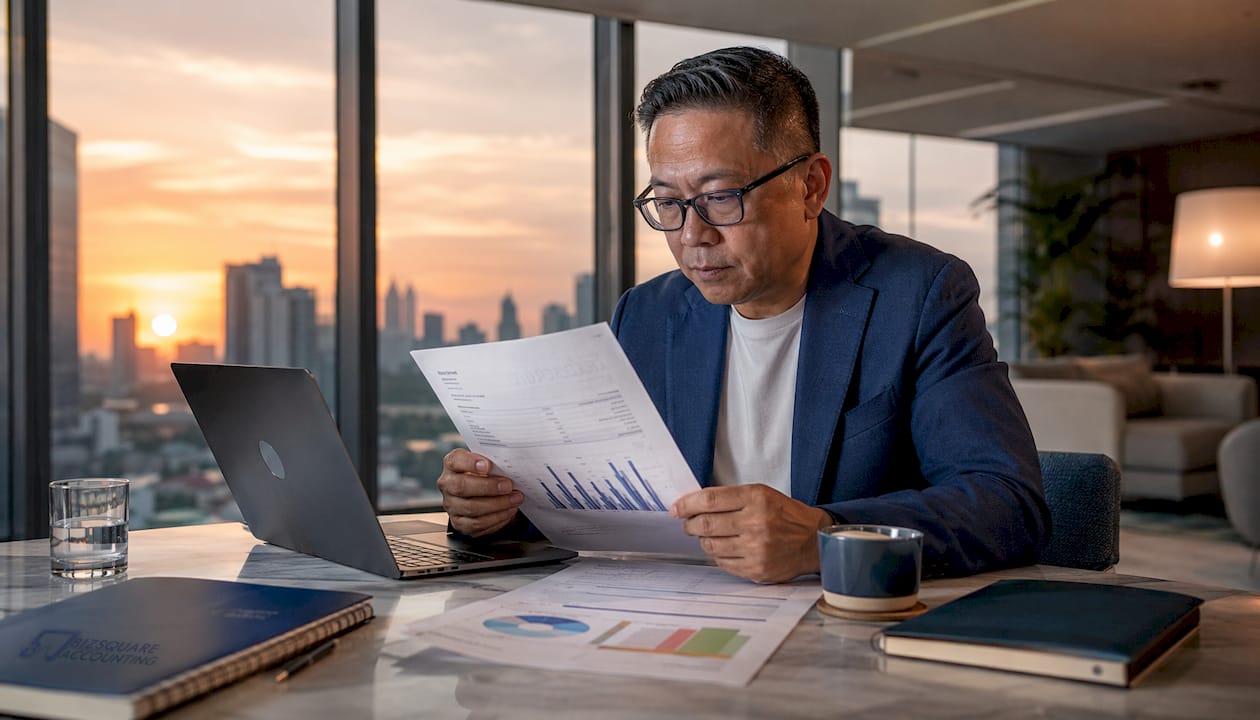 Singapore businessman reviewing financial documents