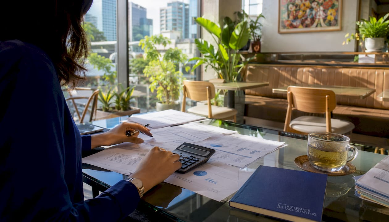 Hands calculating balance sheet on desk