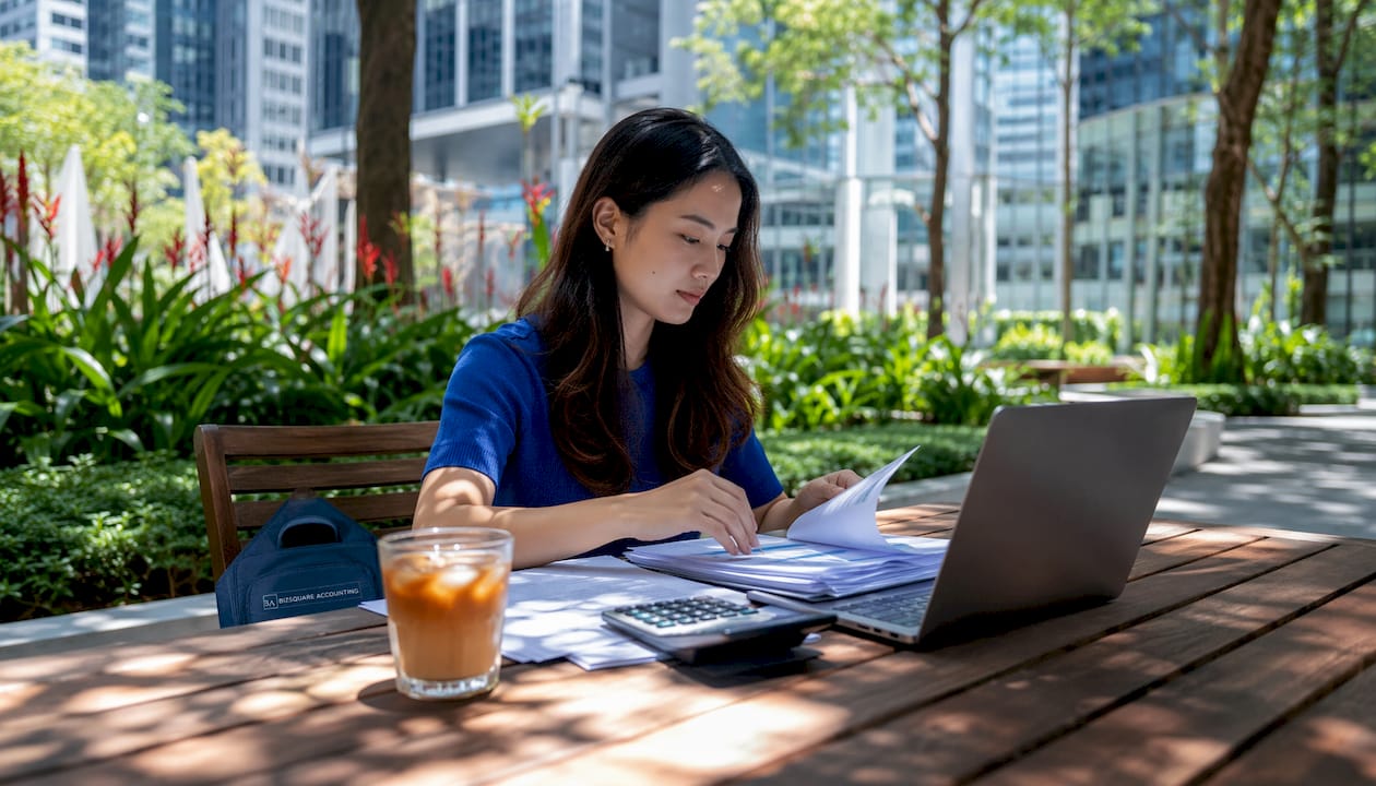 Hands managing bookkeeping documents in Singapore office
