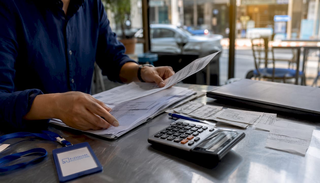 Hands sorting tax papers on Singapore office desk