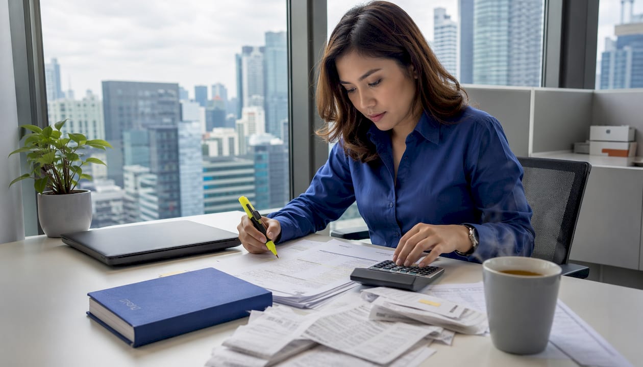 Singaporean woman doing bank reconciliation