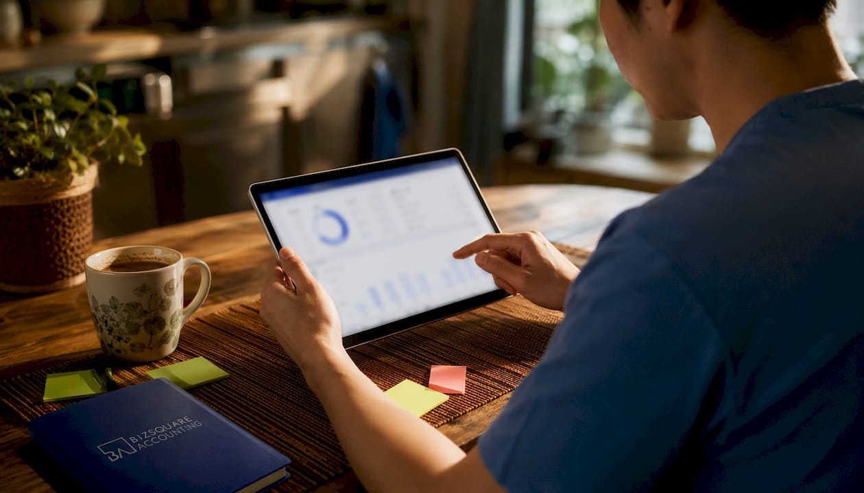 Hands using accounting software tablet in Singapore