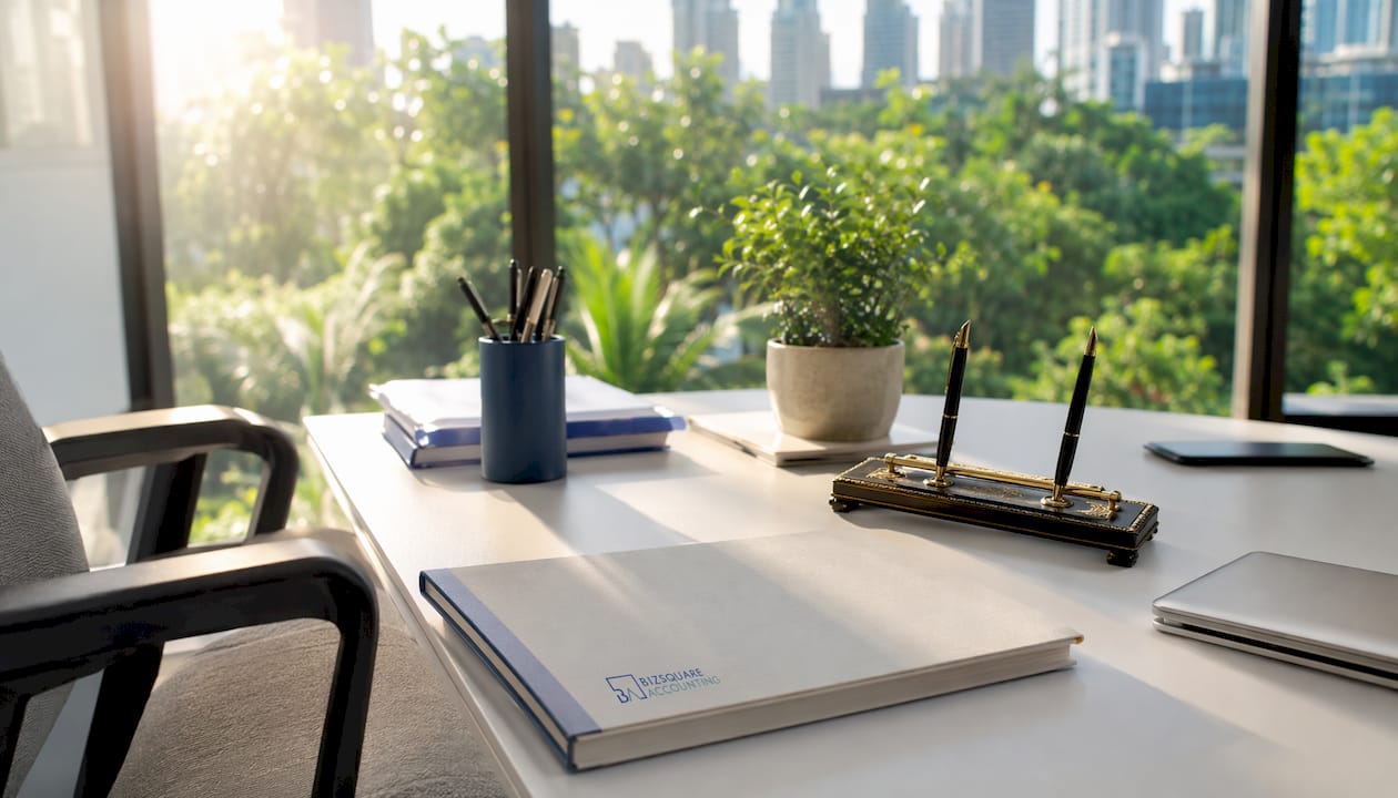 Singapore office desk with incorporation documents