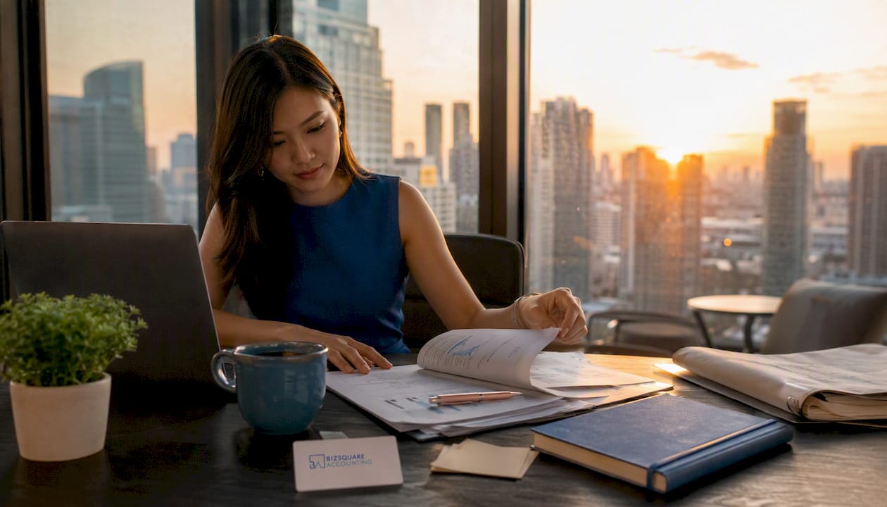 Cluttered Singapore business desk with documents