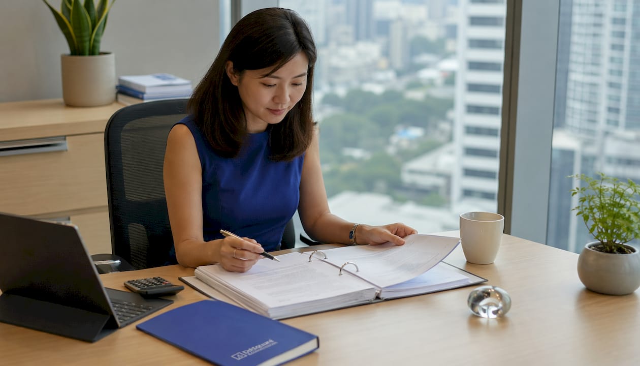 Compliance documents on Singapore office desk