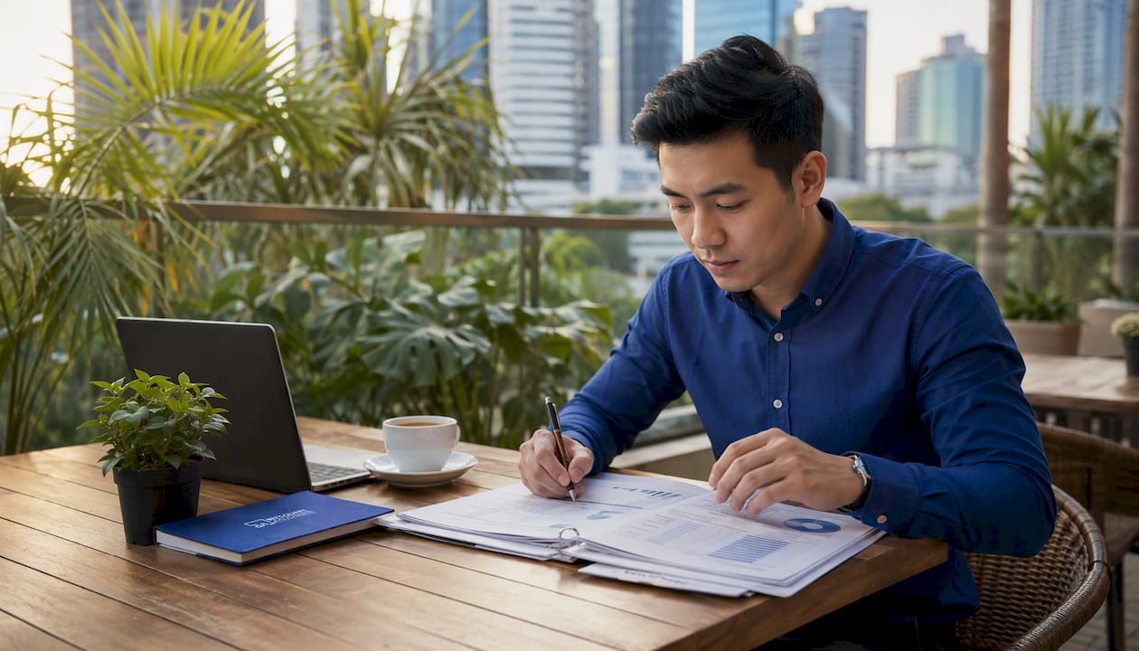 Hands reviewing year-end financial documents